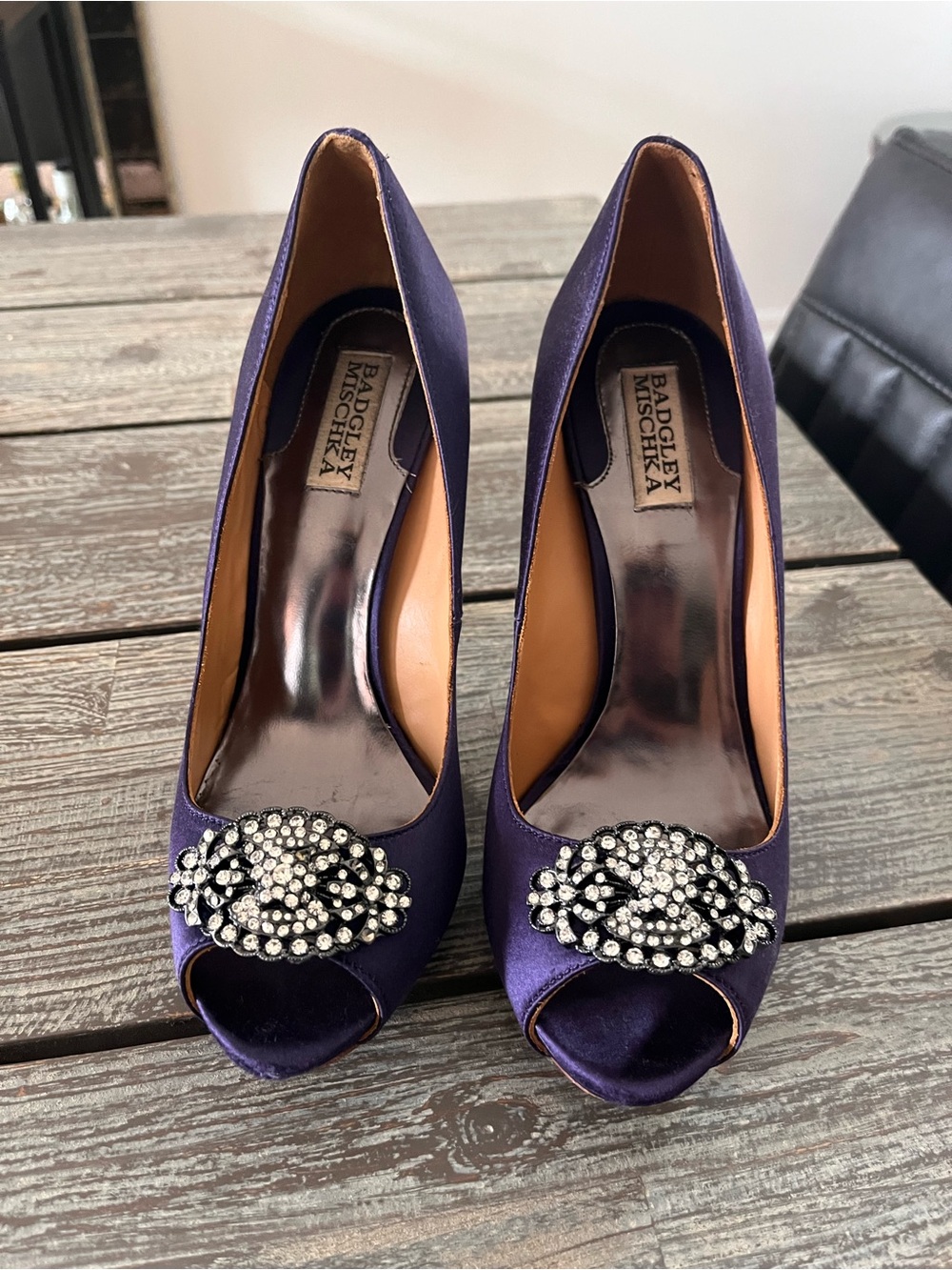 Badgley Mischka Deep Purple Satin Crystal-Brooch Peep Toe Pumps